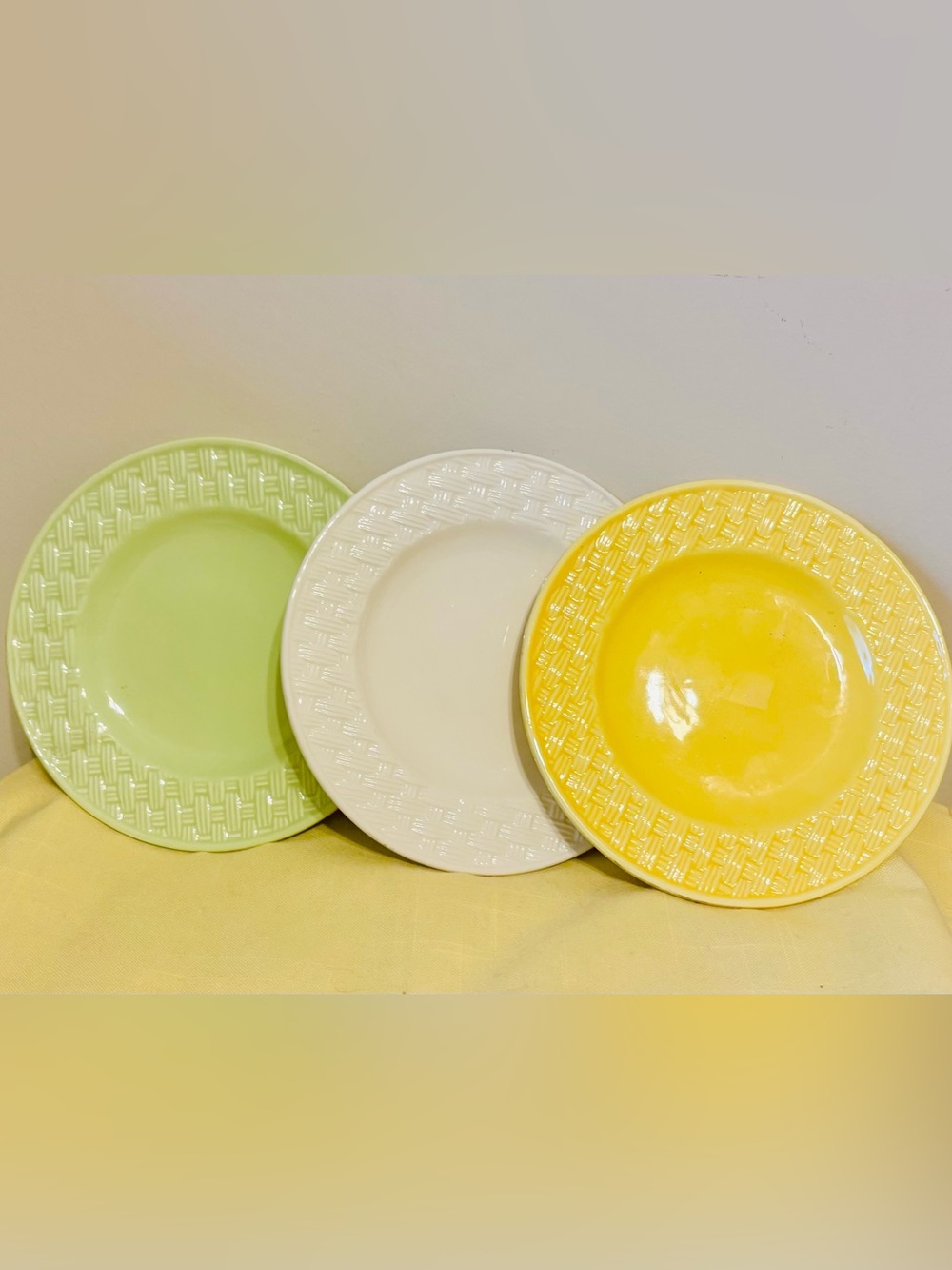 Pfaltzgraff Basketweave Dessert Plate Lot of 3 Green Cream Yellow Cottagecore
